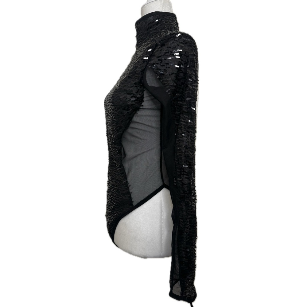 Black Sequin Symmetric Bodysuit with Long Sleeves, Size L - Picture 6 of 15